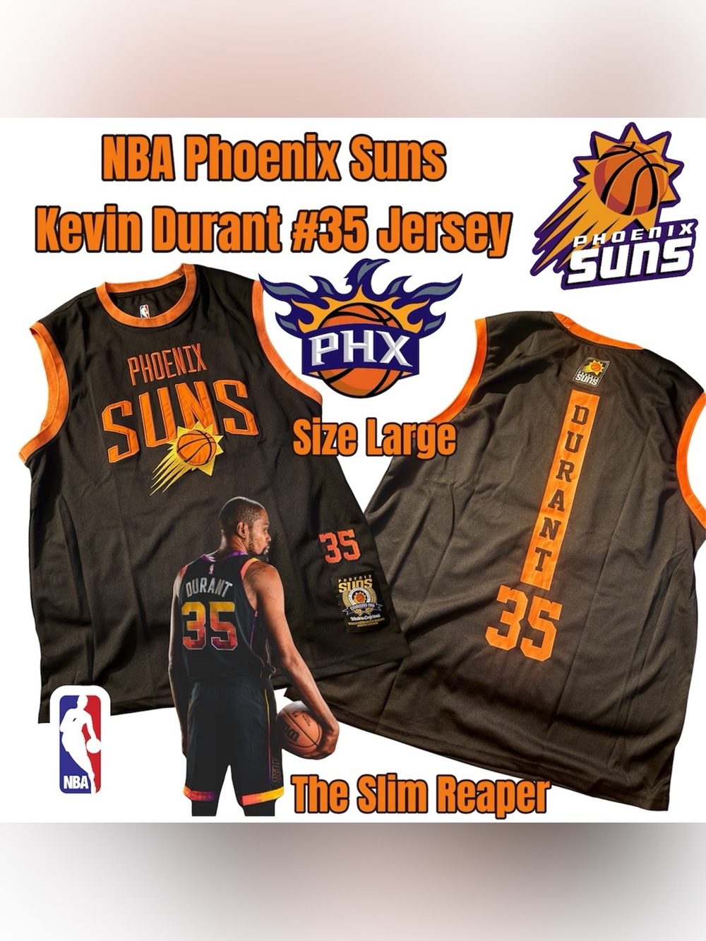 NBA Phoenix Suns Kevin Durant #35 Jersey, Size Large (Black & Orange)